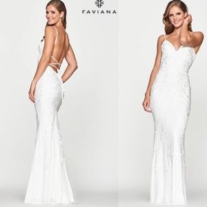 Faviana Lace-up Back Tulle Gown w/ Lace Appliqués